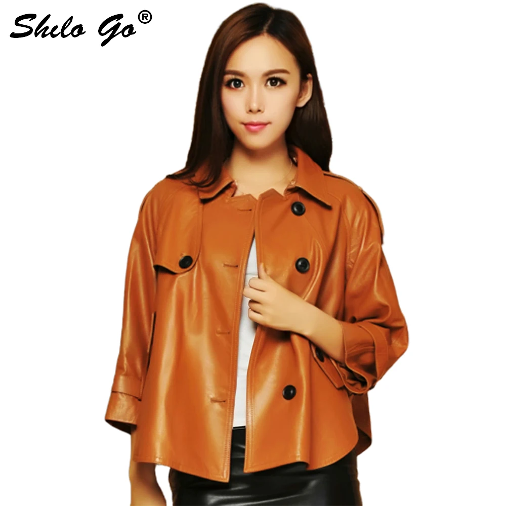 Plus size new fashion women high quality Sheep skin Lapel single breasted pocket Candy color loose genuine leather skirt jacket | Женская
