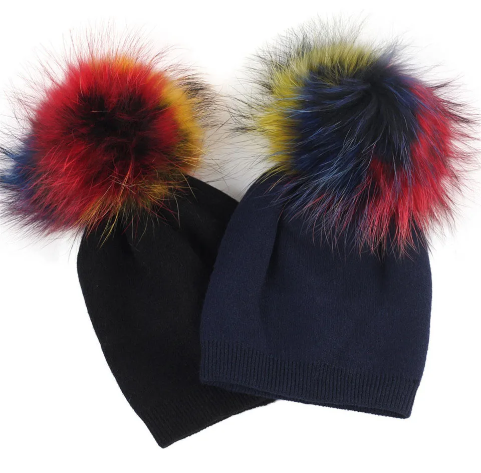 Детская шапочка, Осенняя шерстяная шапка Skullies, шапочки с помпоном из меха енота для новорожденных мальчиков и девочек, громоздкая зимняя шапка с помпоном из натурального меха