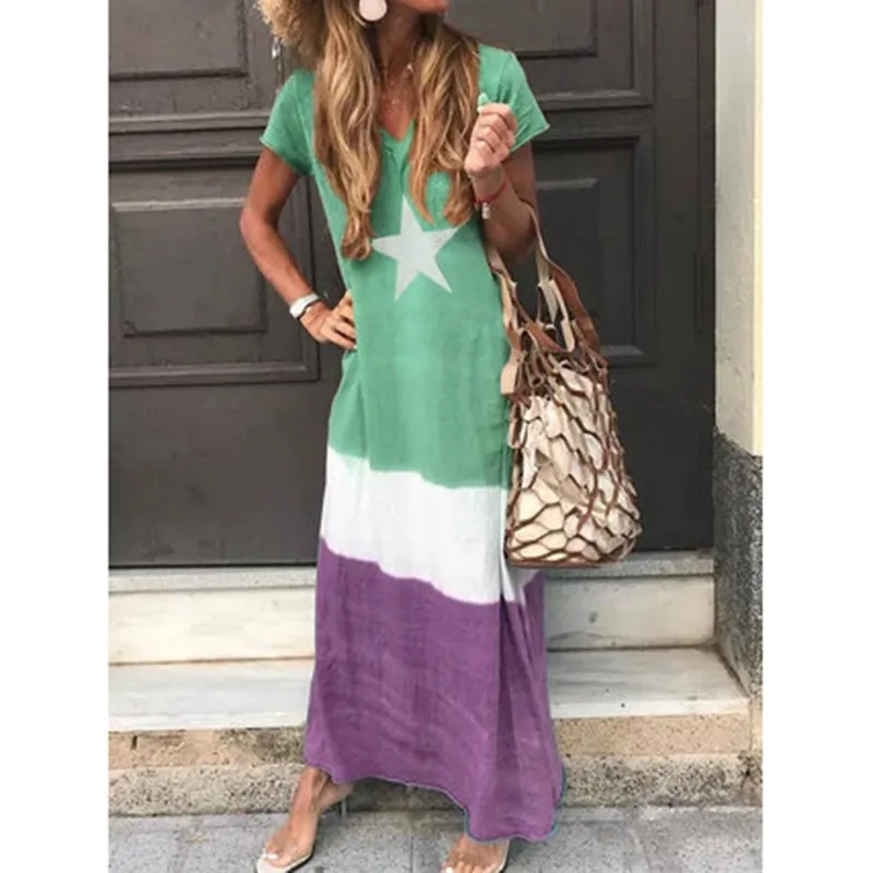 

3XL plus size women dress Star print short sleeve v neck long dress Summer 2019 Casual loose large size robe femme vestidos