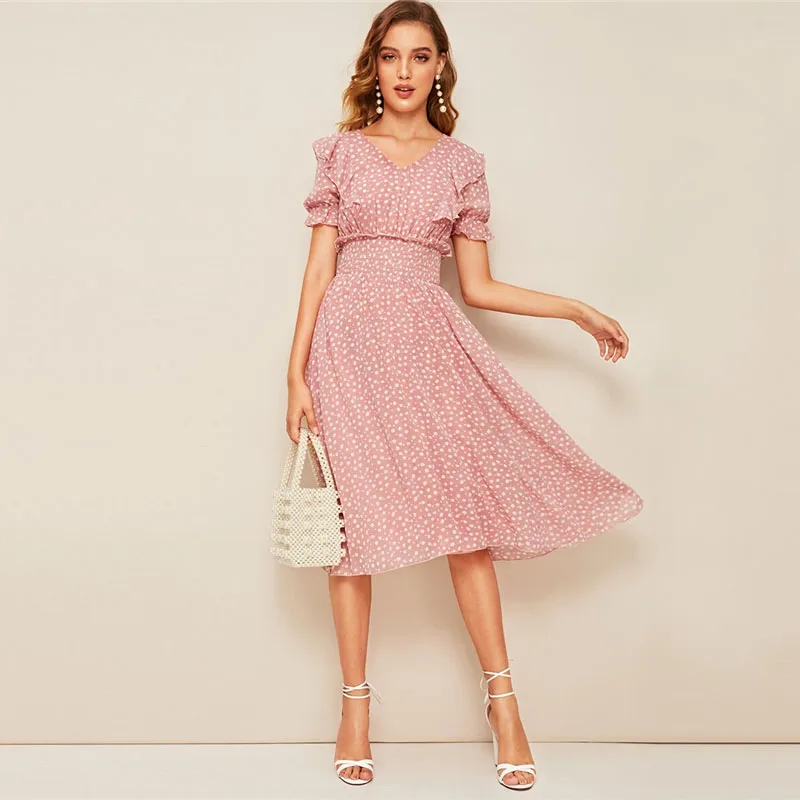Dotfashion, розовое платье с оборками, с пышными рукавами, гофрированное, приталенное, женское, лето, бохо, v-образный вырез, для девушек, ТРАПЕЦИЕВИДНОЕ, с высокой талией, платье es