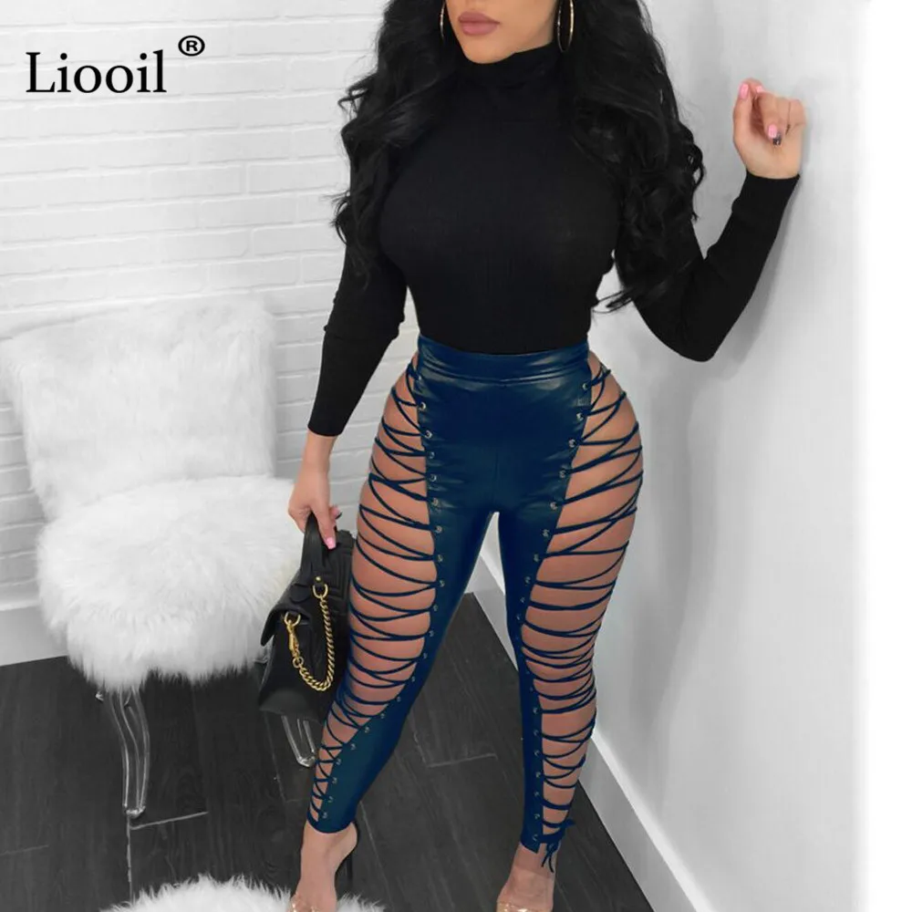 Liooil, сексуальные, Клубные, черные, белые, с высокой талией, на шнуровке, кожаные, длинные штаны, для женщин, выдалбливают, на шнуровке, на молнии, женские, вечерние, брюки