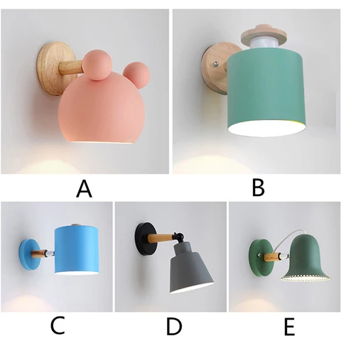 Настенная лампа E27 в скандинавском стиле Macaron, 6 цветов, креативная настенная лампа из цельной древесины для прикроватной кофейни, квартиры, бара