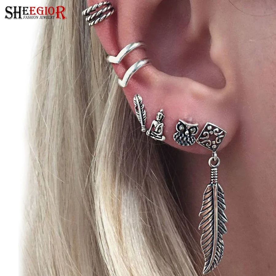 SHEEGIOR, винтажные милые серьги-манжеты, набор, Bijoux Femme, милые мини серьги-гвоздики с изображением совы, пера, Будды, женские модные ювелирные изделия, подарок