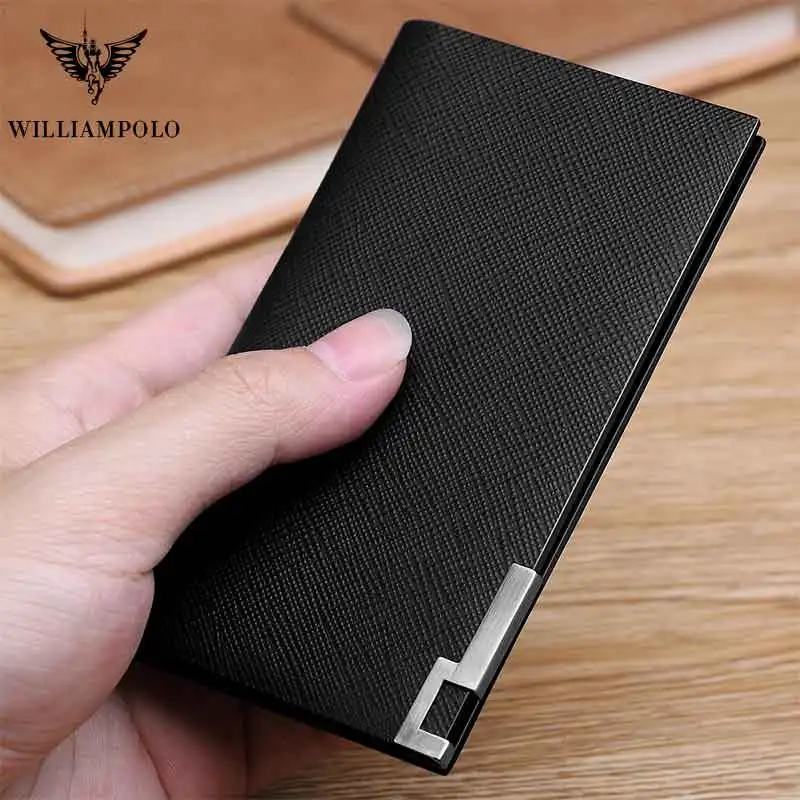Мужские ультратонкие бумажники из натуральной кожи года от бренда WILLIAMPOLO, держатель для карт и карт, двойные тонкие бумажники, клатчи, водительские права - Цвет: Crosspatch-Black