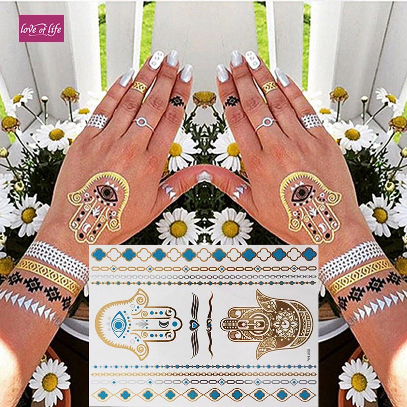 

Body Art Temporary Tattoos Gold Flash Metallic Tattoo Arm Sleeves Sticker Henna Women Jewelry Waterproof For Hamsa Hand