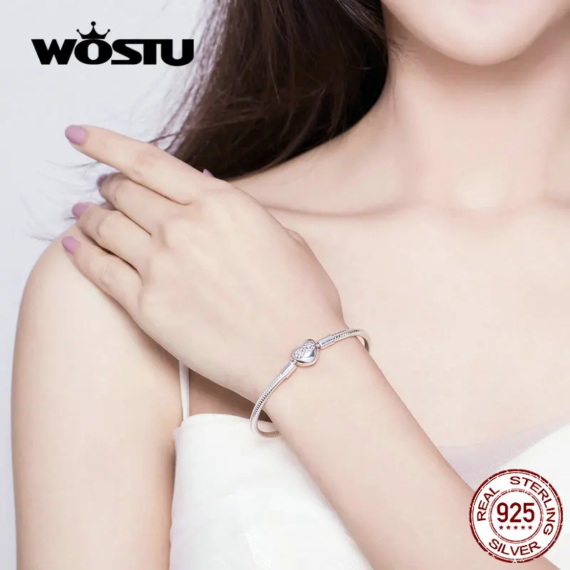 Женский браслет с сердечком WOSTU из 100% стерлингового серебра 925 пробы розовым
