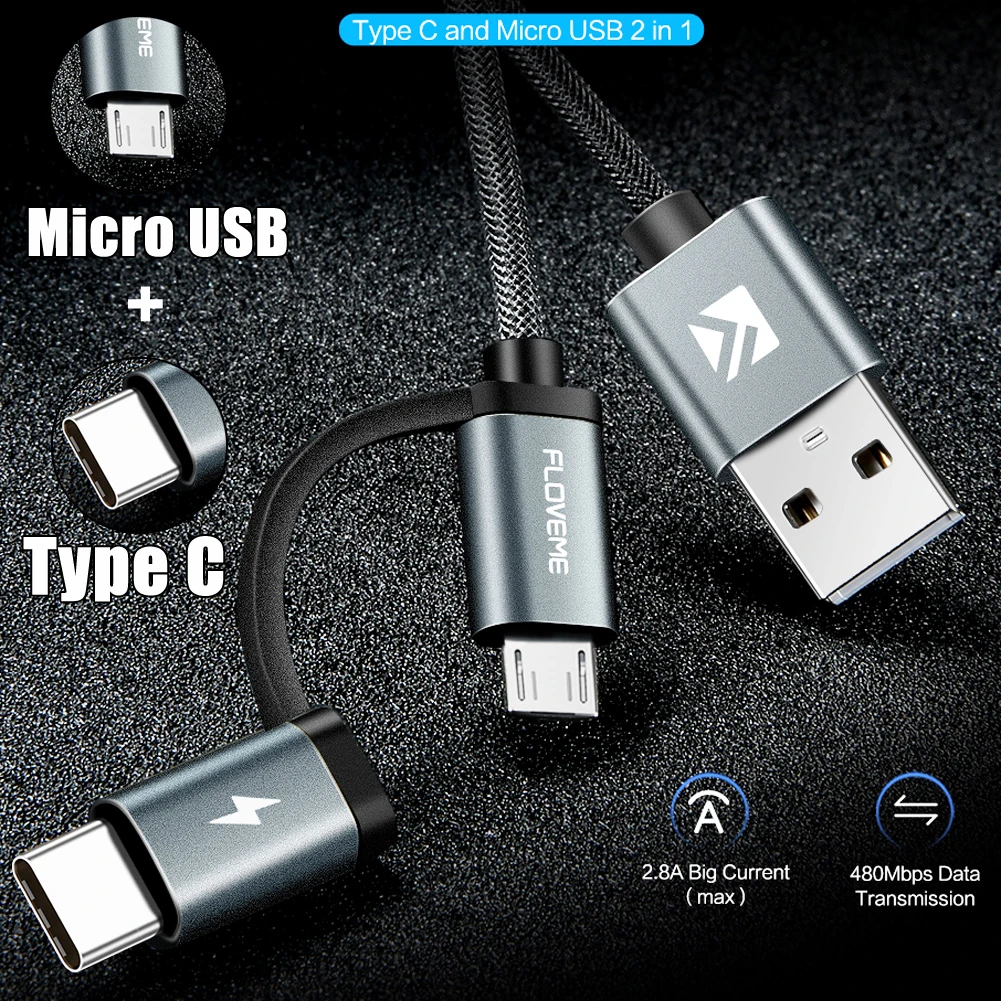 FLOVEME Micro USB/Type C 2 в 1 кабель для быстрой зарядки и синхронизации данных Samsung Huawei