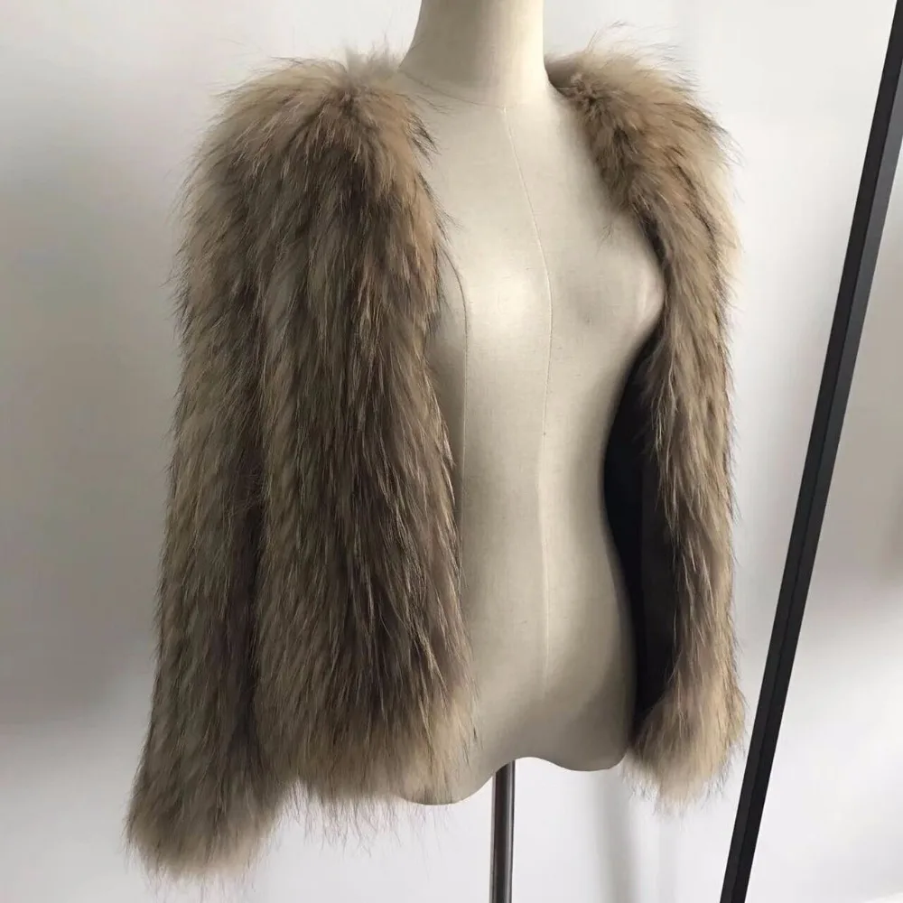 

High Quality Natural Raccoon Fur Knitted Coat Women's Long Sleeve Winter Warm Genuine Fur Coats Jackets