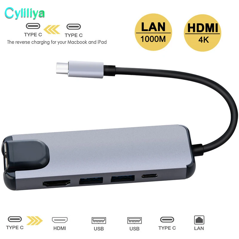 5 in 1 USB Type C Hub Hdmi 4K to Gigabit Ethernet Rj45 Lan Adapter for Macbook Pro Thunderbolt 3 USB-C Charger Port | Электроника