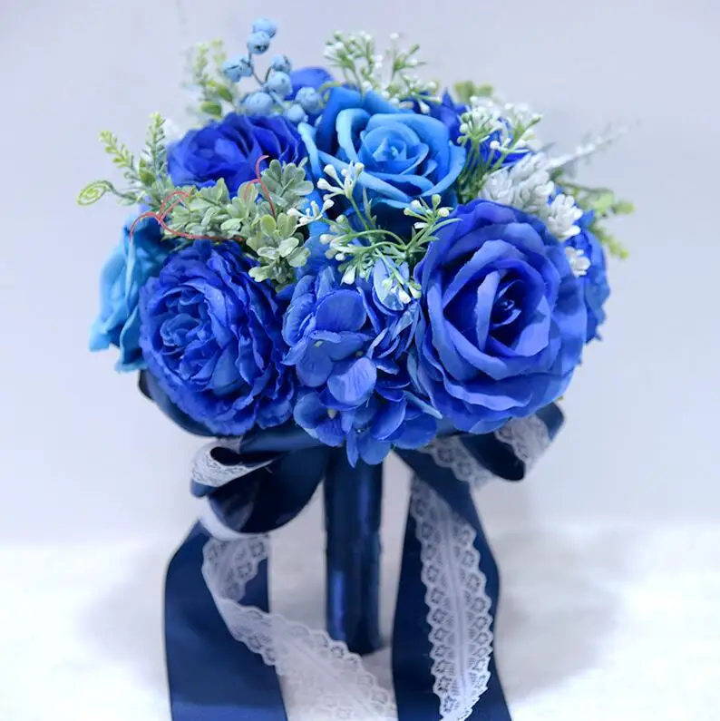 Royal Blue JaneVini розовая роза Articielle Свадебные цветы Свадебные букеты Искусственные Броши для женщин королевский синий Свадебный букет невесты держатель - Цвет: Royal Blue