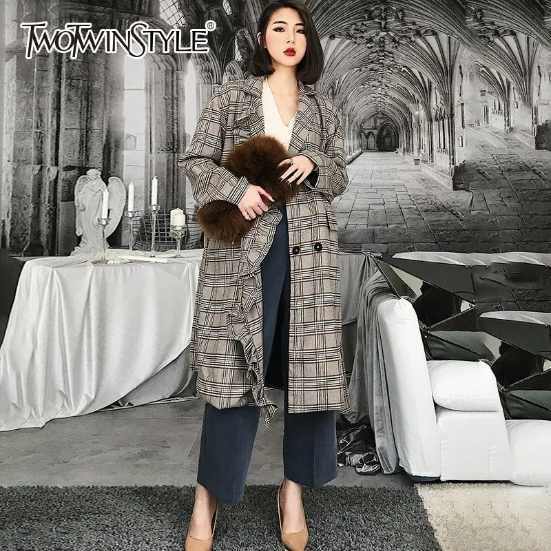 TWOTWINSTYLE Plaid Womens Windbreakers High Waist Lace Up Double Breasted Patchwork Ruffle Trench Coat Female Autumn Fashion New | Женская