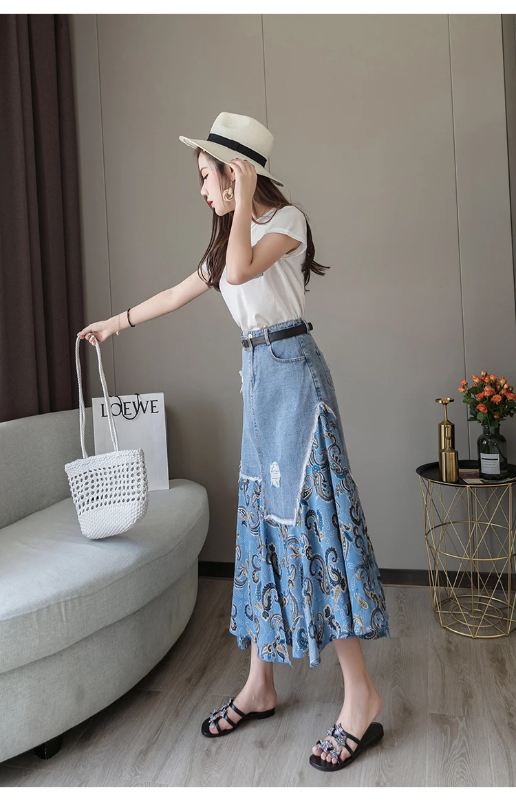 Trytree Summer Women two piece set Casual O-Neck Tops+ Skirt Demin Patchwork Print Hem Belt Pocket Suit Office Lady 2 Piece Set