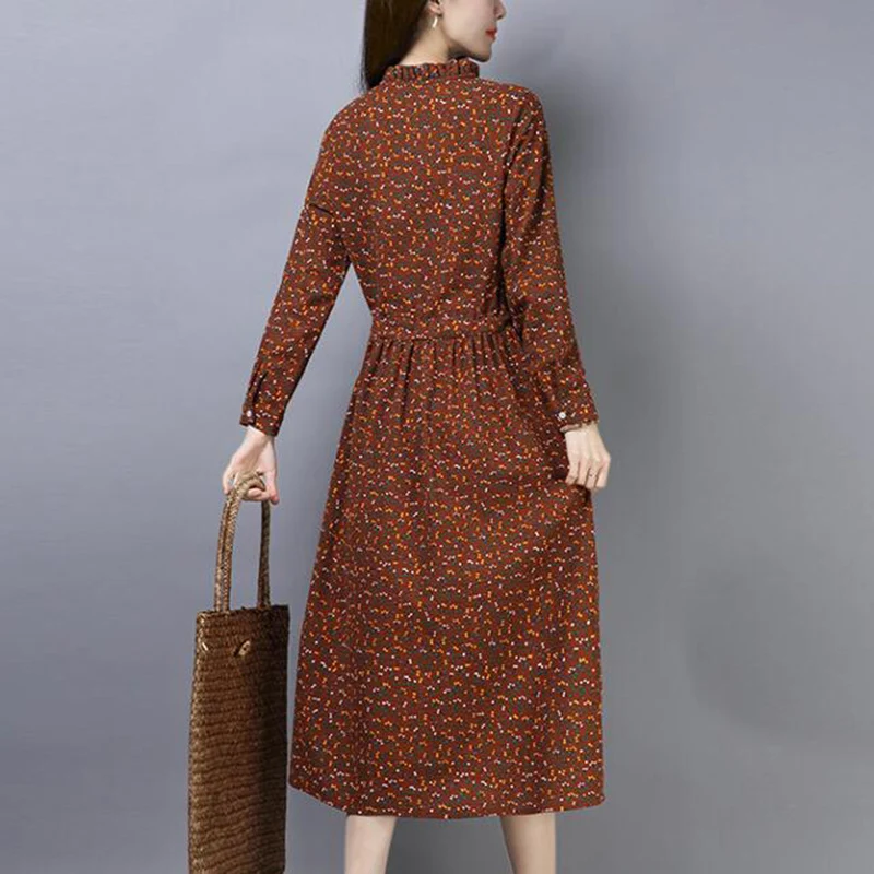 Spring Plus Size A-line Dress 2019 New Women Cotton Linen Casual Floral Printed Dresses Long Sleeved Slim Vintage Vestidos | Женская