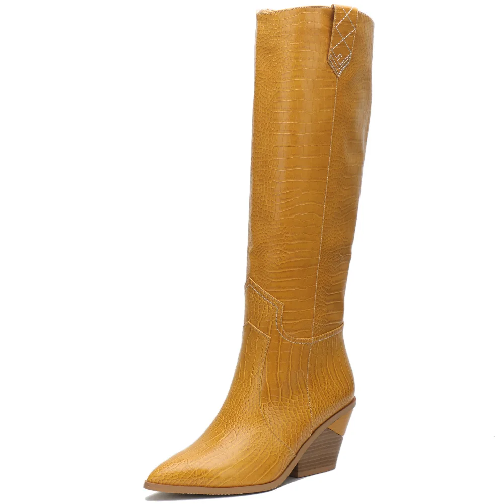 yellow add fur Размера плюс 33-46, модные удобные сапоги до колена на не сужающемся книзу массивном каблуке, женская обувь, ковбойские сапоги, женская обувь - Цвет: yellow add fur