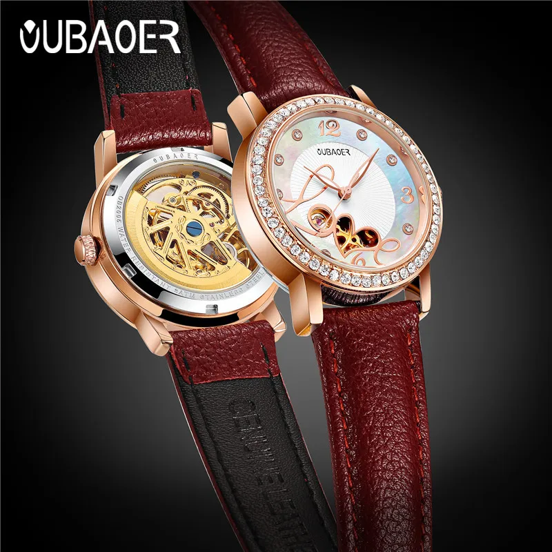 OUBAOER Watch Fashion Women Automatic Self-wind Mechanical Watches Gift Leather Strap Diamonds Ladies Dress WristWatch