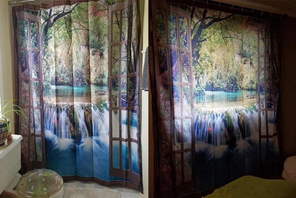 Wide Waterfall Deep Down in The Forest Seen from A City Window Epic Surreal Decorative Shower Curtain Landscape Bathroom | Дом и сад