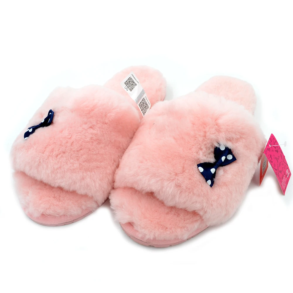 

Millffy new sheepskin wool slippers female couple slippers indoor home paternity shoes bowtie real fur slippers