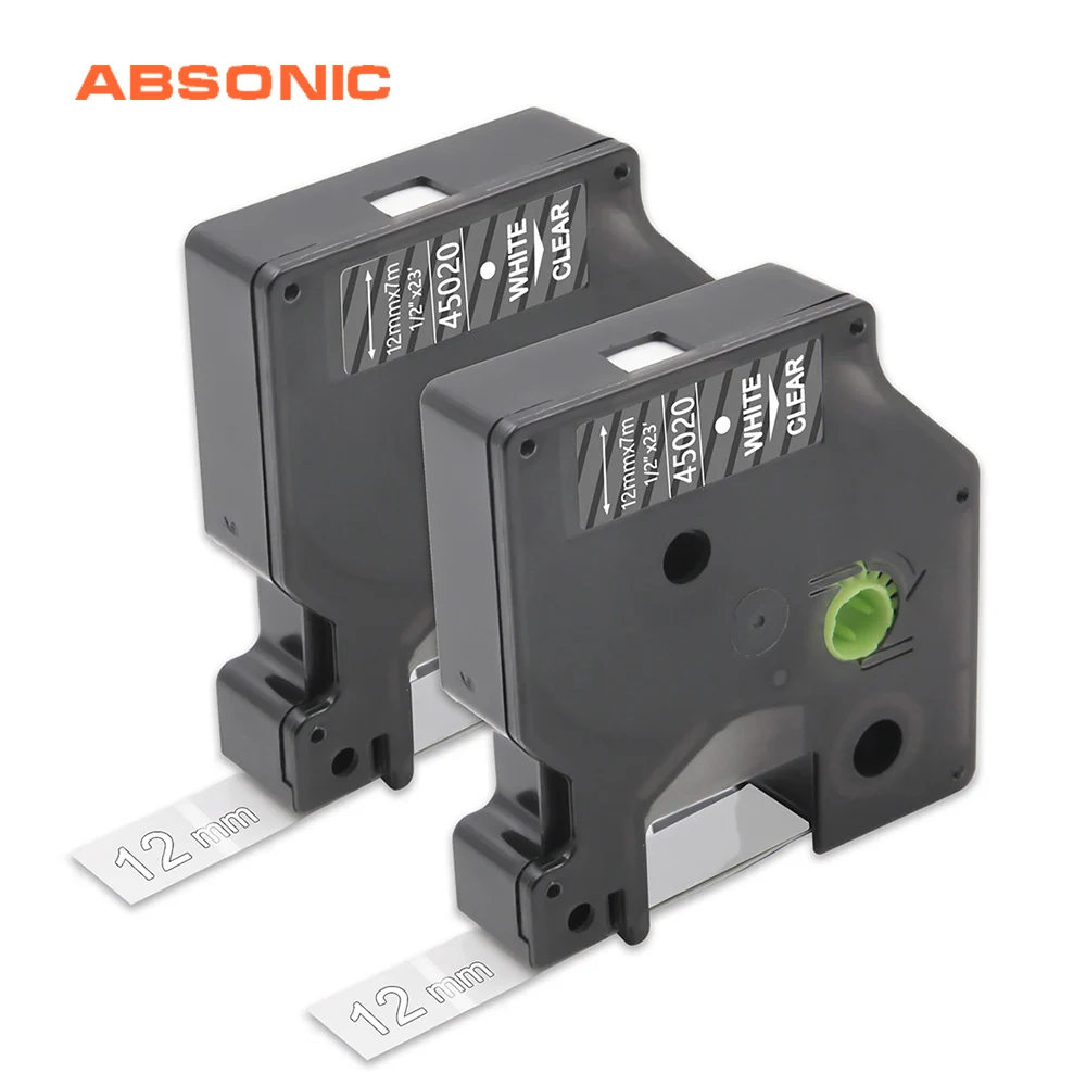 Absonic 2 шт. ленты для Этикеток Dymo D1 45020 белые на прозрачных 12 мм совместимы с печати