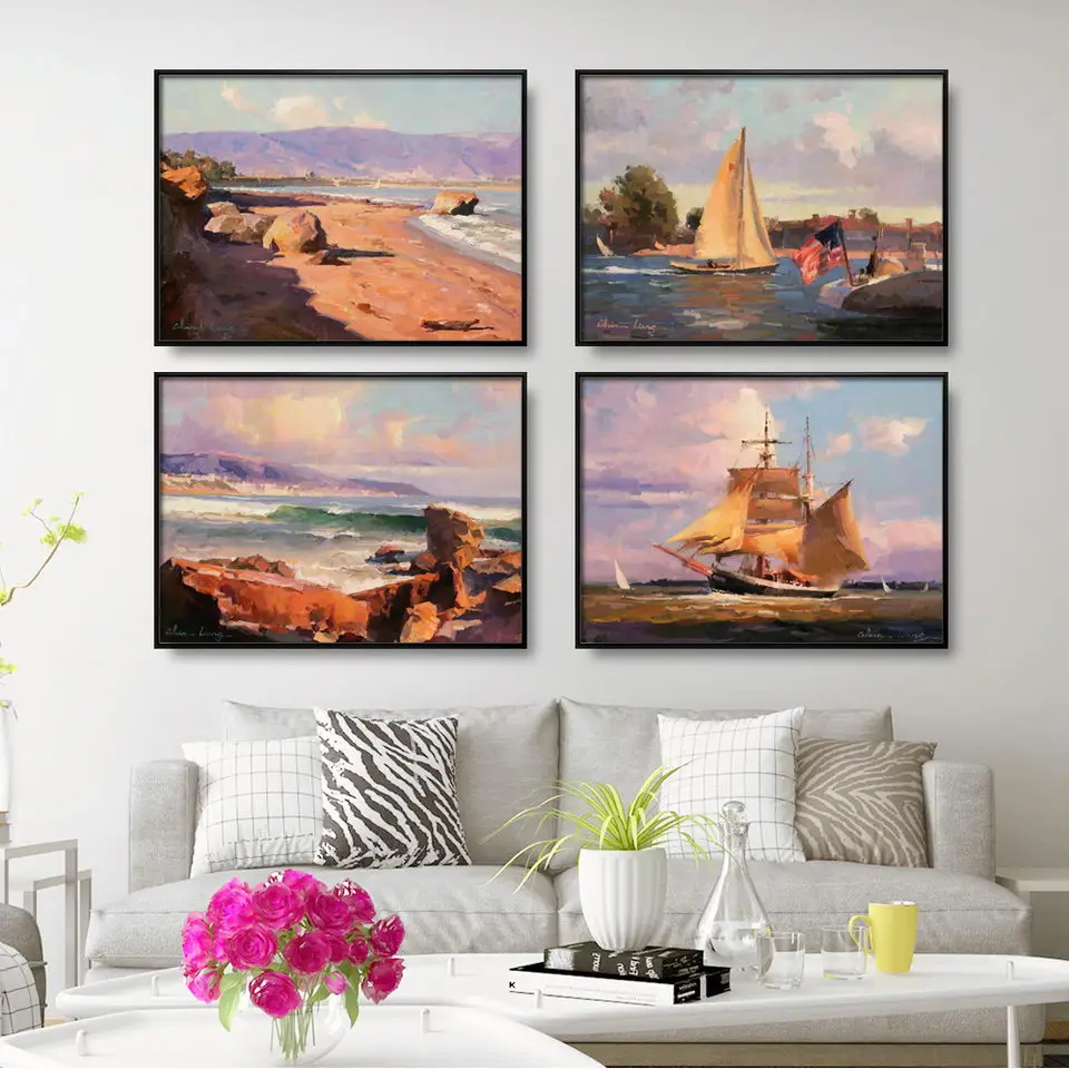 Home Decoration Print Canvas Wall Art Picture Poster Paintings Horizontal Modern oil painting Beach Sailboat Red Sky | Дом и сад