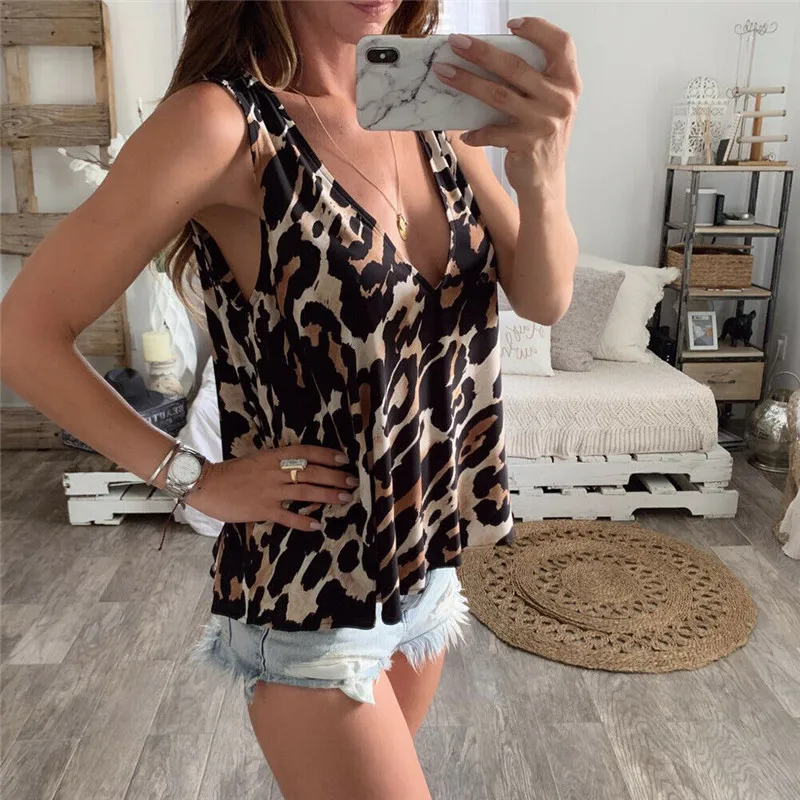 Топ женский леопардовый с глубоким V-образным вырезом модная пикантная Свободная