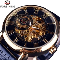forsining men watches top brand luxury mechanical skeleton watch black golden 3d literal design roman number black dial designer