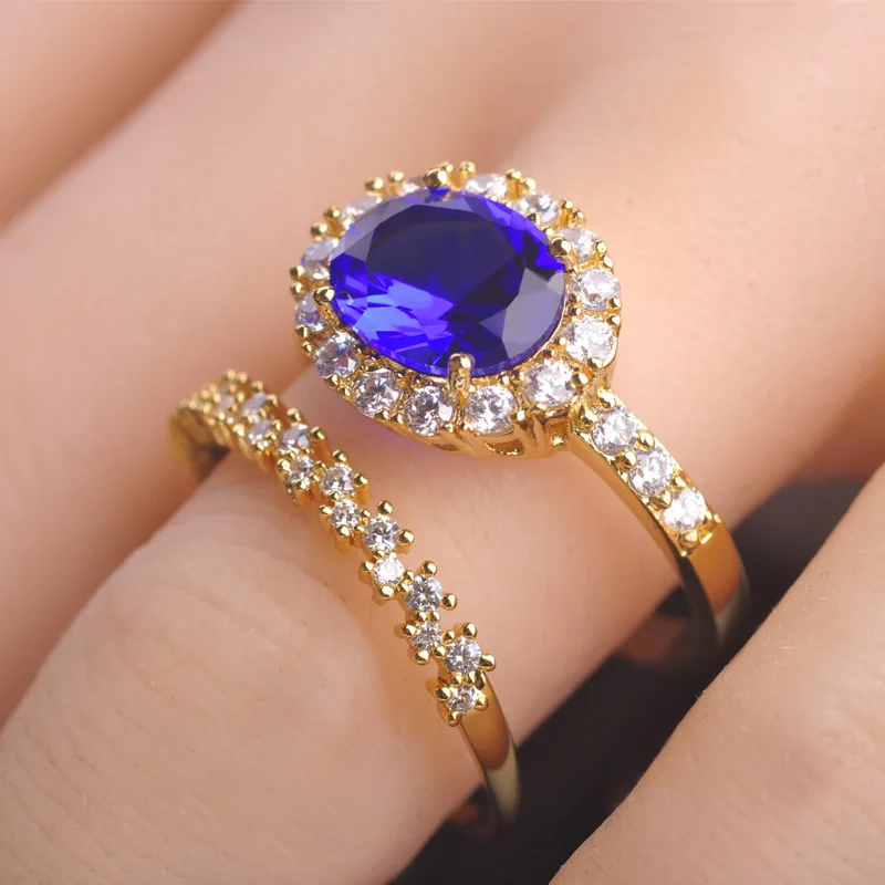 Blucome Синий Горный Хрусталь CZ Циркон Медных Колец Для Женщин Две Двуспальные Aros