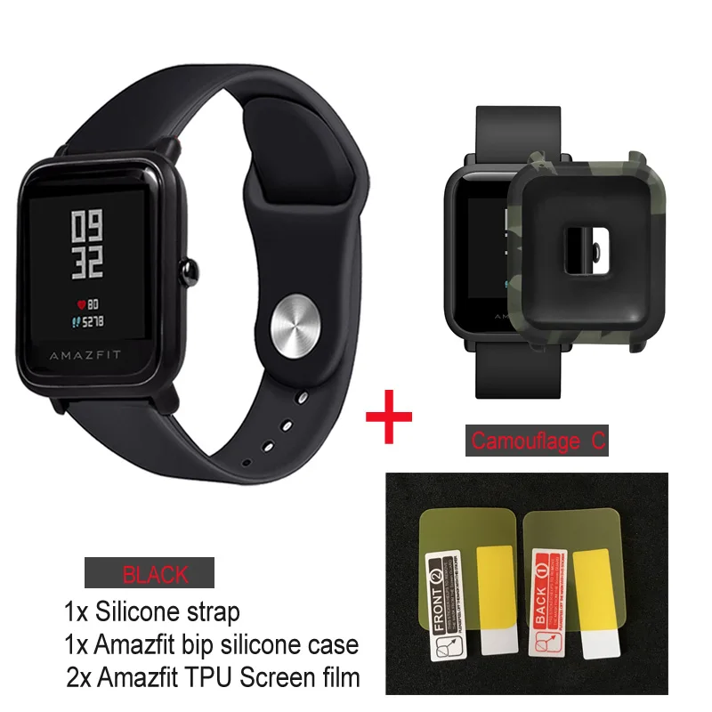 Black strap-C case 3в1/упаковка для Amazfit ремешок Bip силиконовый мягкий браслет для Huami Amazfit Bip чехол Защитная пленка для экрана - Цвет: Black strap-C case