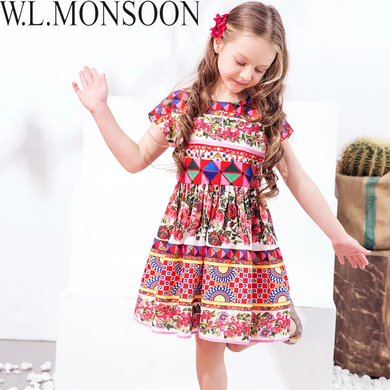 W. L. MONSOON/платье принцессы с поясом для девочек; коллекция года; Брендовое детское летнее платье Vestidos с цветочным рисунком; Детские платья для девочек; одежда