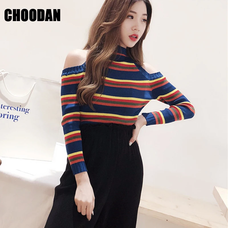 Knitting Sweater Women Sexy Off Shoulder Long Sleeve Autumn Winter Fashion 2018 New Striped Sweaters And Pullovers Fitness Shirt | Женская