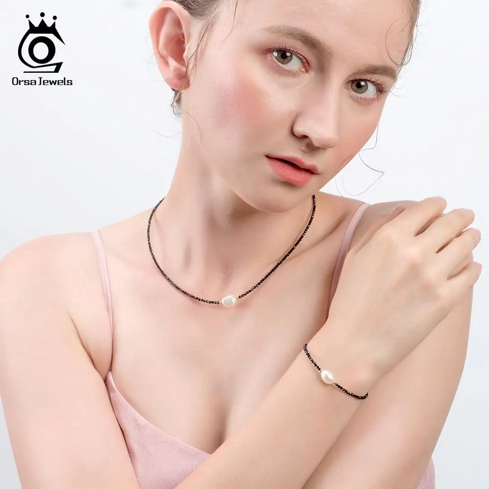 ORSA JEWELS Винтажное колье чокер из натурального камня Черный шпинель Пресноводный