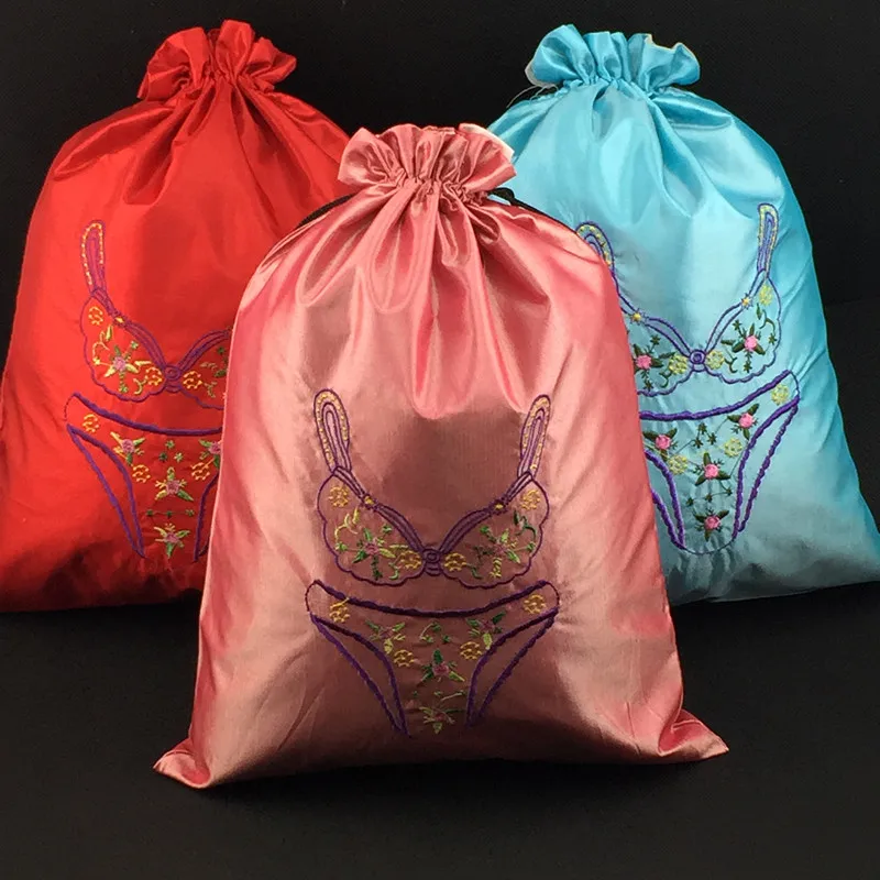Embroidery Drawstring Extra Large Jewelry Pouch Satin Cloth Storage Bag Travel Bra Underwear Bag Gift Packaging 10pcs/lot