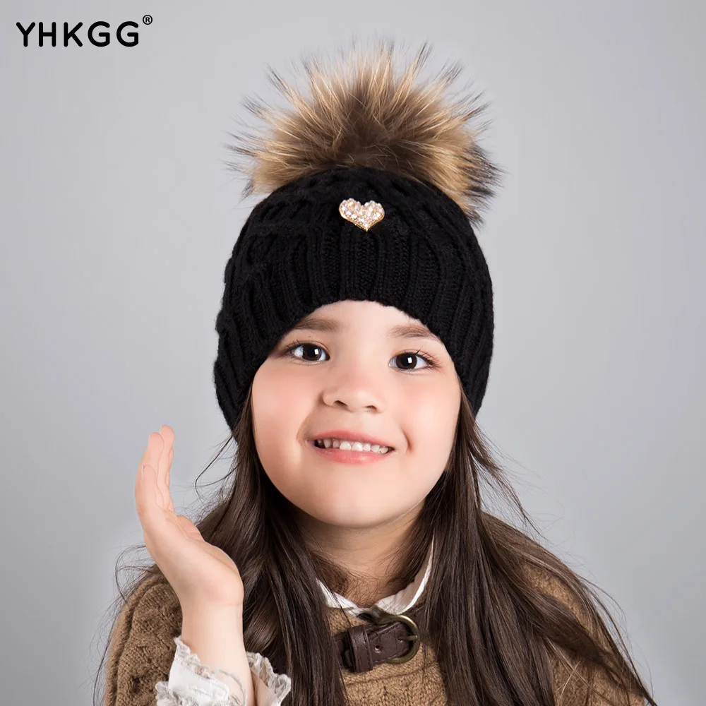 2018 МОЛОДАЯ девушка Pom Beanie Теплый трикотажный комбинезон Kids Fur Pompom Hat Дети Реальная