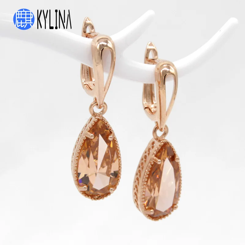 KYLINA Classic 8 Color Water Drop Cubic Zirconia Dangle Earrings 585 Rose Gold Bohemia Eardrop For Women Girl Wedding Jewelry | Украшения и