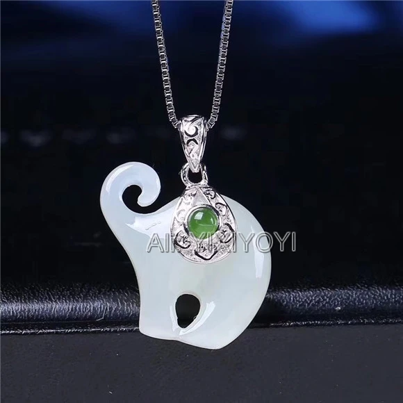 Красивый настоящий 925 серебряный белый зеленый нефрит с резным милым слоном
