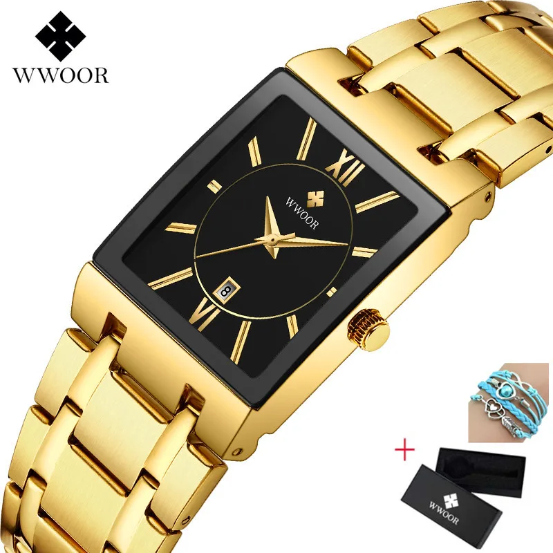 

Hot Top Brand Luxury WWOOR Mens Watches Golden Square Analog Quartz Watch Men Wristwatch Waterproof Male Wrist Watch Man Clock