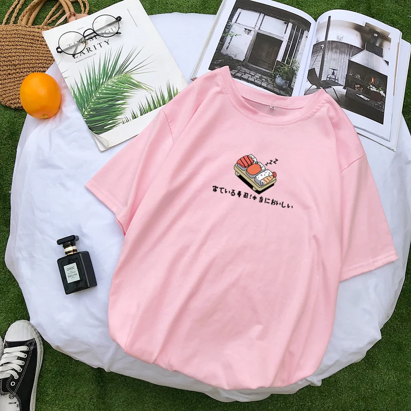 

Summer Women T Shirts Cartoon Kawaii Sushi Pattern Print Tops Short Sleeve Streetwear Loose Casual Korean Harajuku Fashion Tees