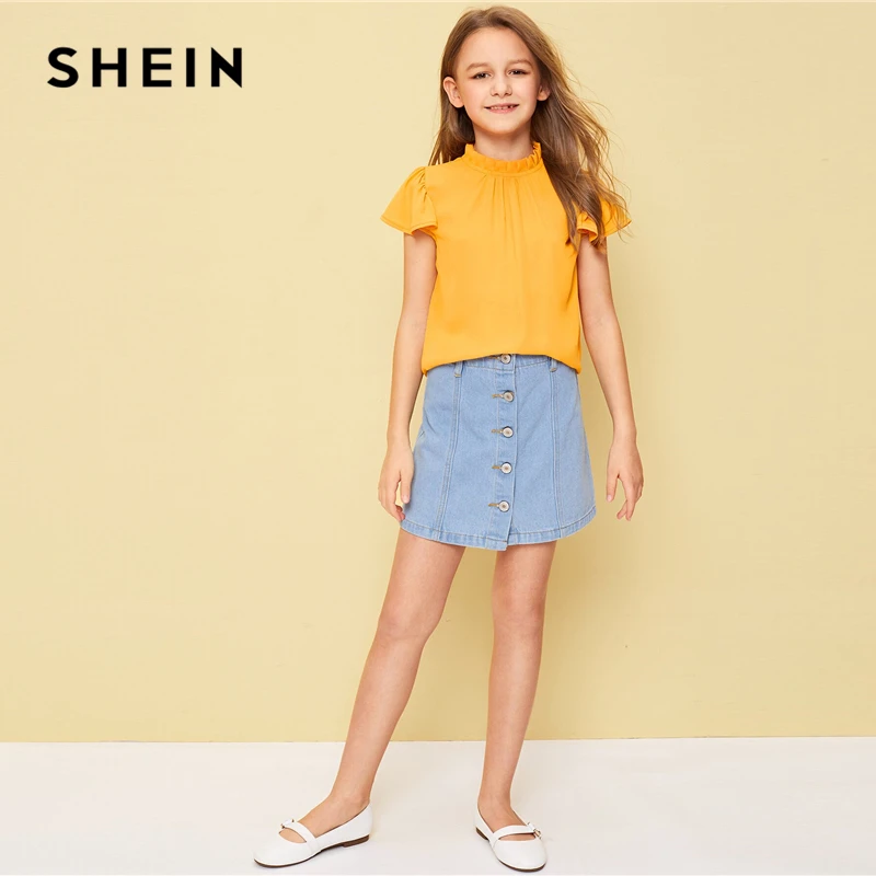 SHEIN детский для девочек имбирь твердых со стоячим воротником жабо милая блузка детская одежда с оборками рукавом гофрированное, с пуговицами сзади Топы