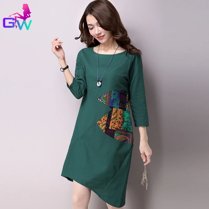 Женщины Хлопок Белье Платье 2016 Весна Осень Старинные Лоскутное Платья Три