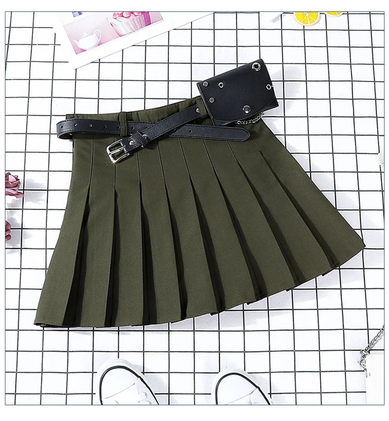 New Hip-hop Women's Harajuku Pleated Skirt Gothic Black High Waist Mini Skirts Cute Girls Punk A Line Short Skirt With Belt