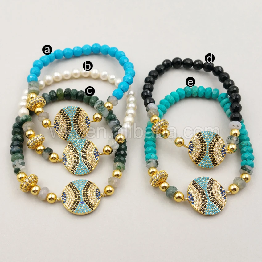 

MB016 Wholesale unique round shape charm bracelet high quality natural 6mm stone with cubic zirconia bracelet in gold color