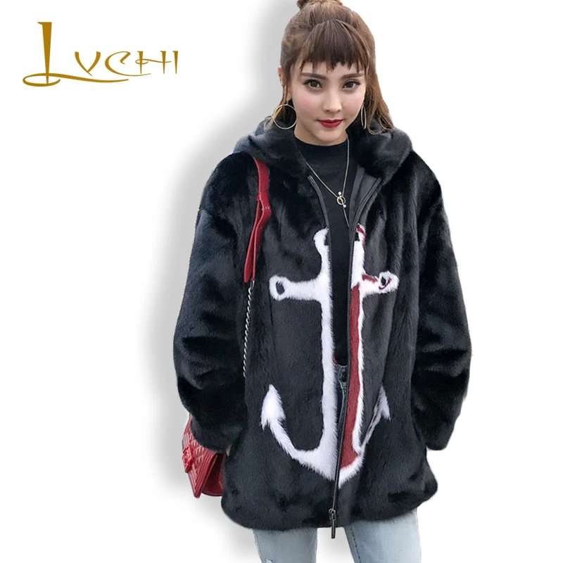 

LVCHI Women Winter Real Fur Coats 2019 Midi Black Fashion Mink Coat Female Thick Pattern Natural Fur Overcoats Young Women Coat