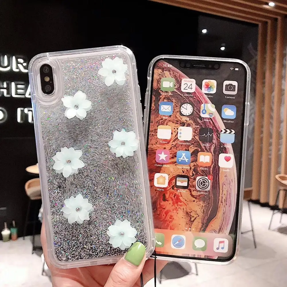 Жидкий песок чехол для iPhone 6 7 8 Plus X XR XS MAX Модный трехмерный цветочный 6plus 7plus 8plus XSMAX