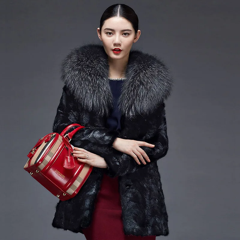 New Women's Autumn Winter Large Size Casual Faux Mink Fur Coats Long Section Female Big Raccoon Dog Fur Collar Outwears D447