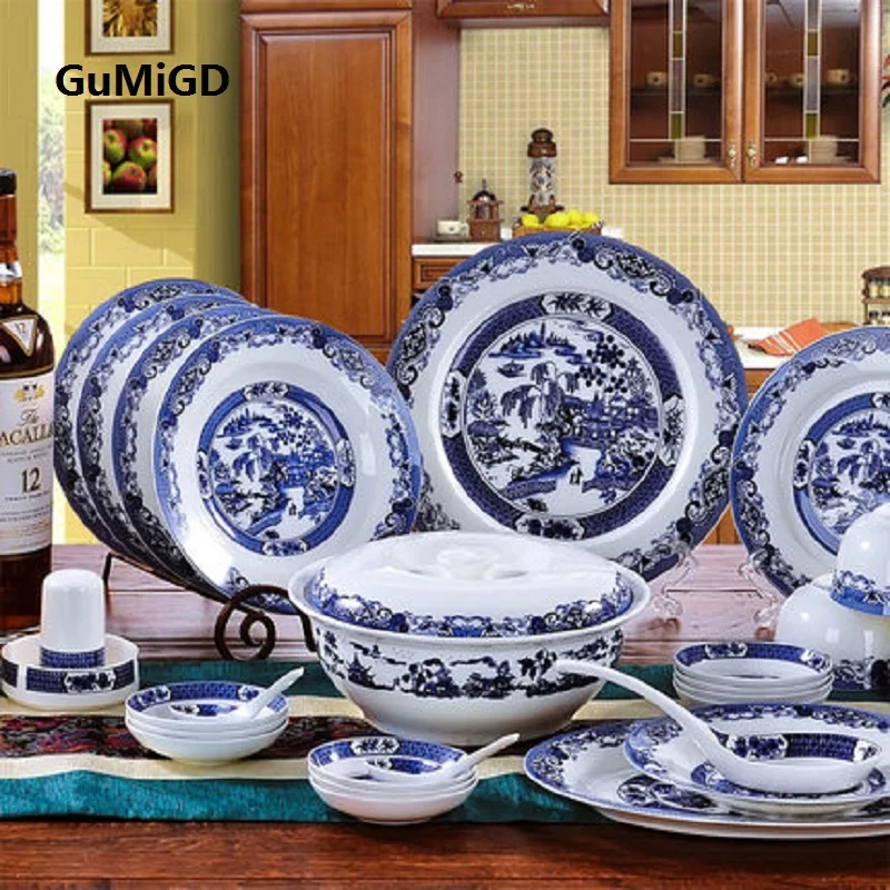 Керамическая посуда Guci Цзиндэчжэнь фарфоровая с 56 головками сине белой глазурью