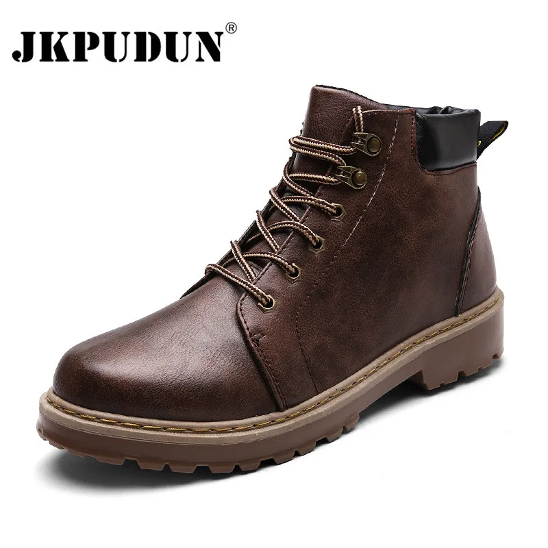 Jkpudun Зимние ботильоны Для мужчин повседневная обувь Кружево-up Осень кожаные