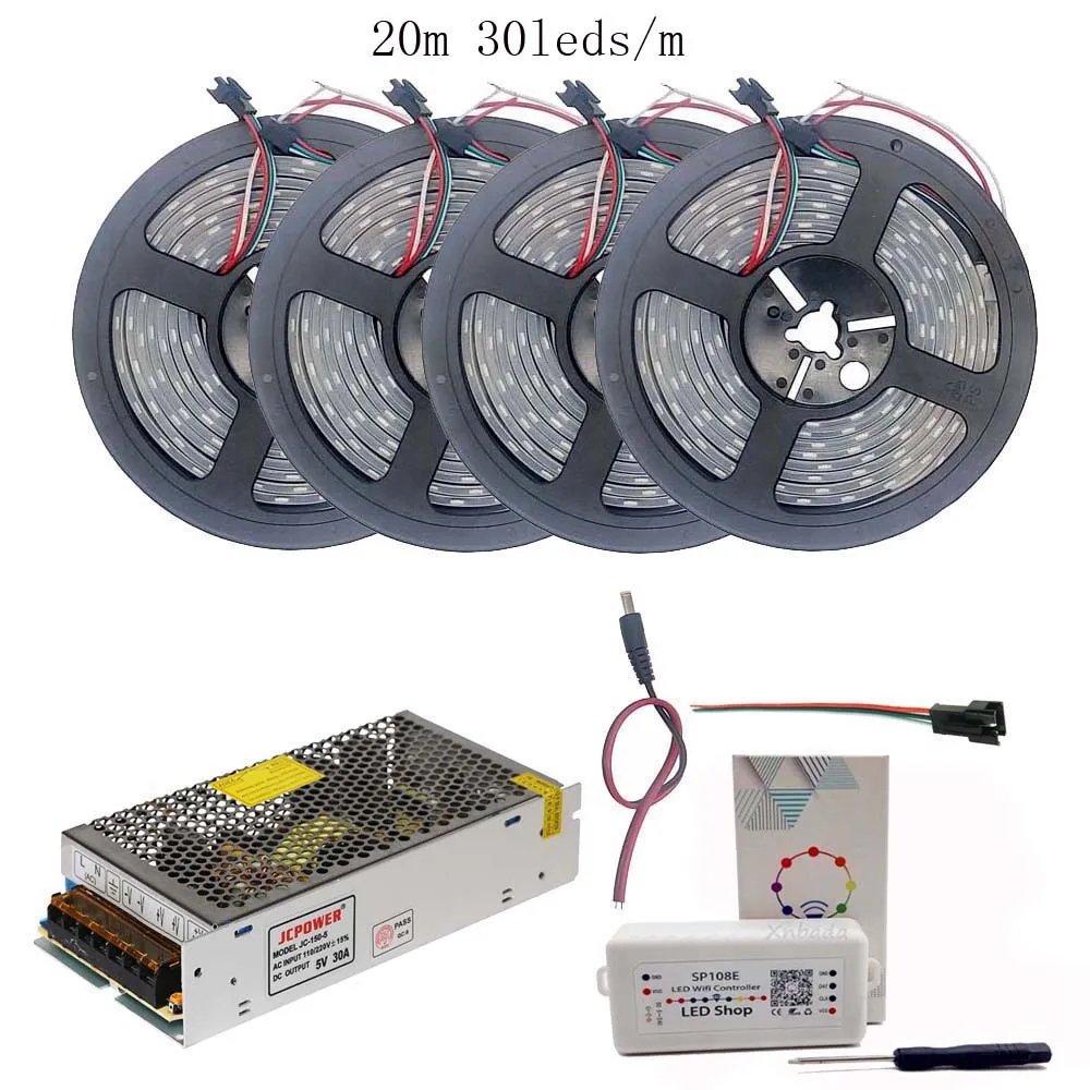 RGB 5 м 10 м 15 м 20 м WS2812B WS2812 30 светодиодов/м 60 светодиодов/м RGB Светодиодная лента, SP108E wifi RGB Led контроллер DC5V комплект адаптера питания - Испускаемый цвет: RGB