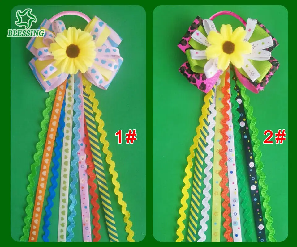 

50 Girl 4" Colorful Bowknot Ponytail Sunflower Hair Bow Elastic Pony Streamers