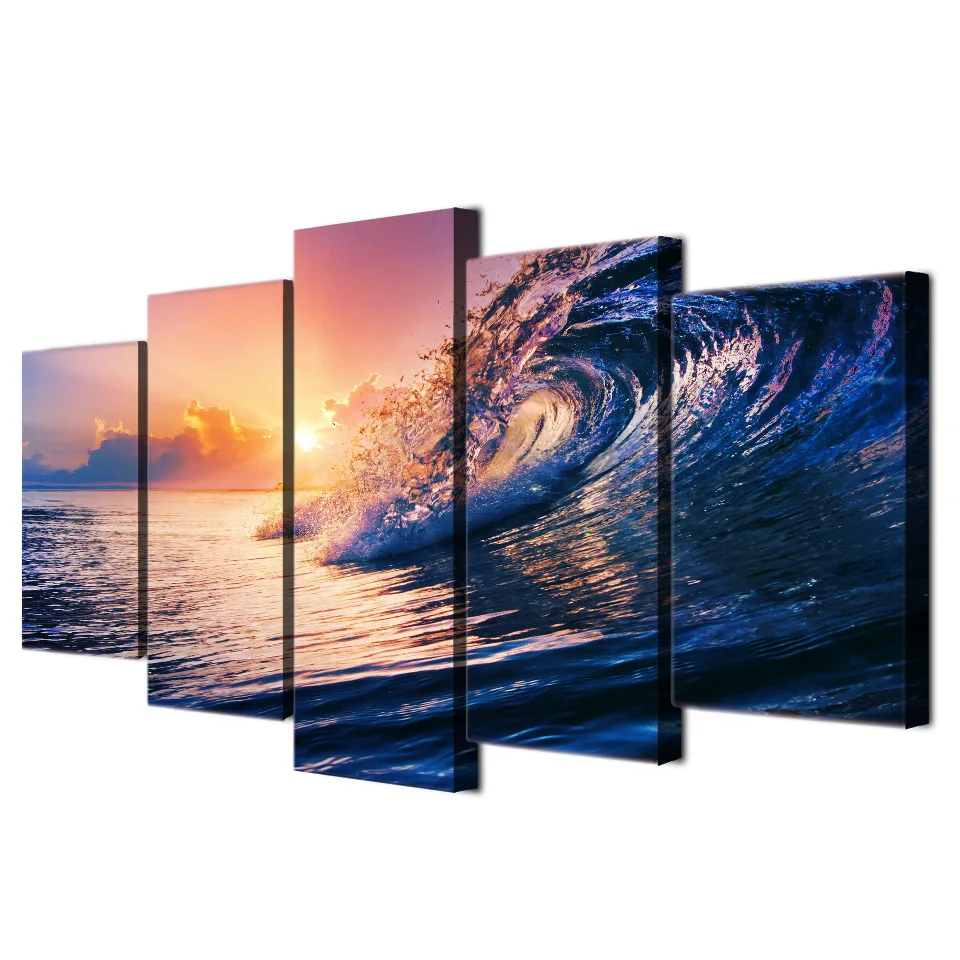 

Modern Home Wall Art Decor Frame Modular Pictures 5 Pieces Seascape Wave Red Clouds Sunset Landscape HD Print Painting On Canvas