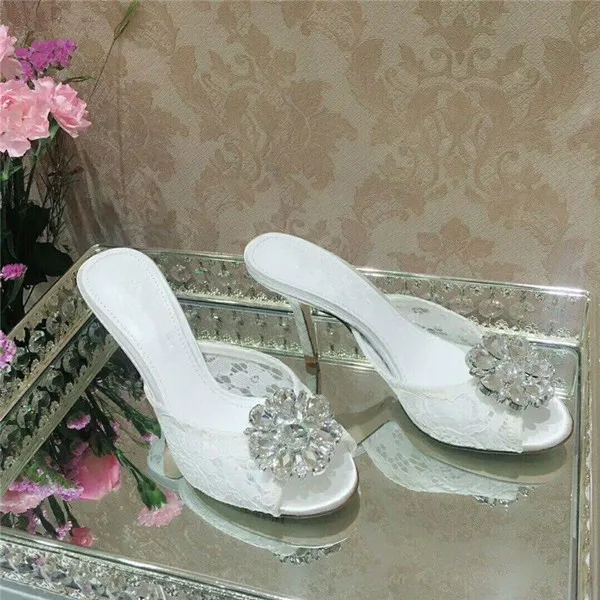 white Стразы; кружевные шлепанцы с вырезами; Женская Роскошная обувь для вечеринок с кристаллами; пикантные женские туфли без задника на высоком каблуке с открытым носком - Цвет: white