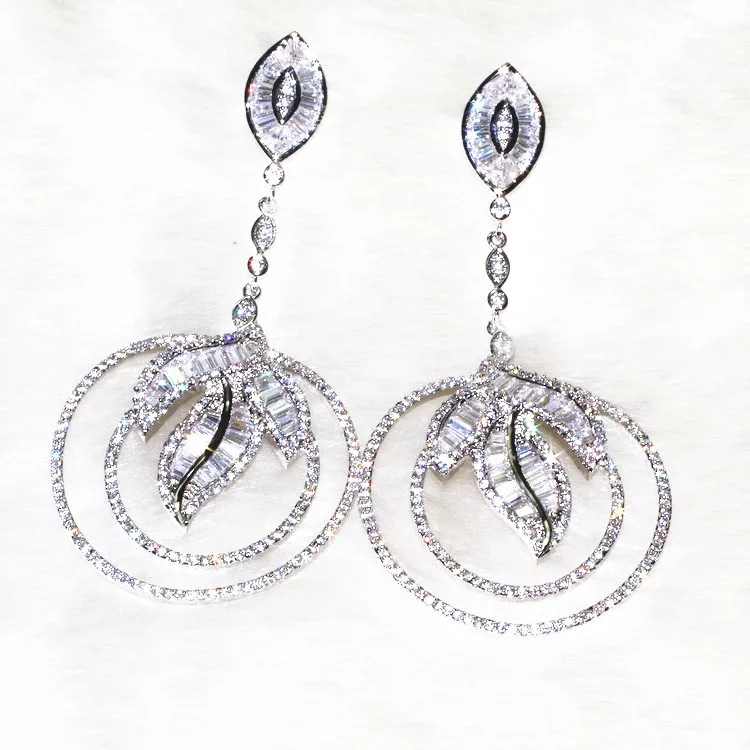 Большие круги листья Длинные серьги подвески бронза с сверлом фитинг AAA циркон 488